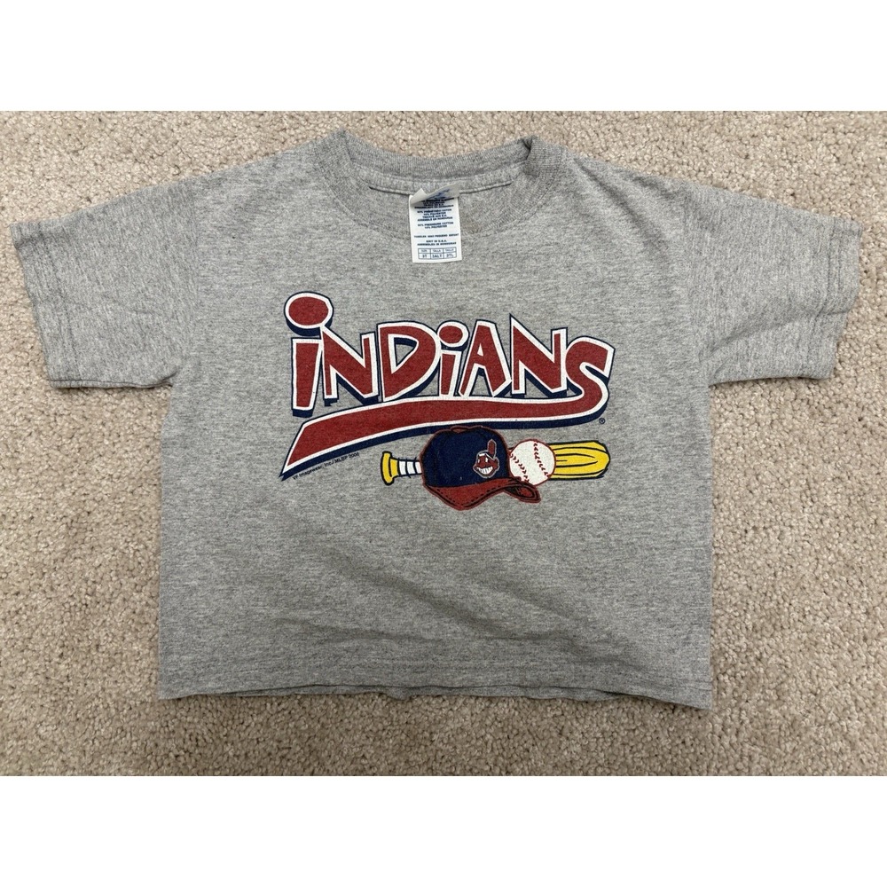 VTG Y2K Cleveland Indians Girls Cropped Gray Shirt Chief Wahoo Size 3T